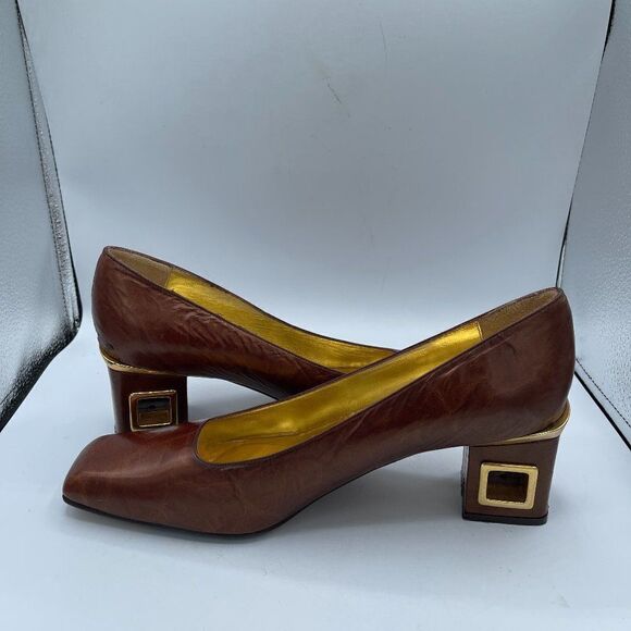 Timothy Hitsman Vintage 70's  Brown Embossed Square Toe Block Heels SZ 9 - Picture 1 of 16